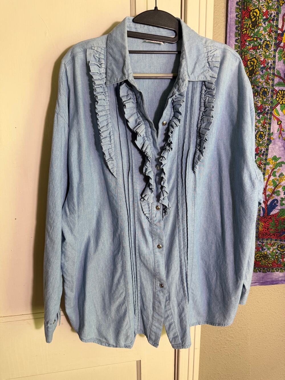 Vintage Avon Fashions Chambray Ruffle Tuxedo Blouse Pintuck Shirt Blue XL